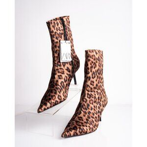 Zara Womens Leopard Print Ankle Boots Thin Heel Brown US 6 EU 36 New 2109/410